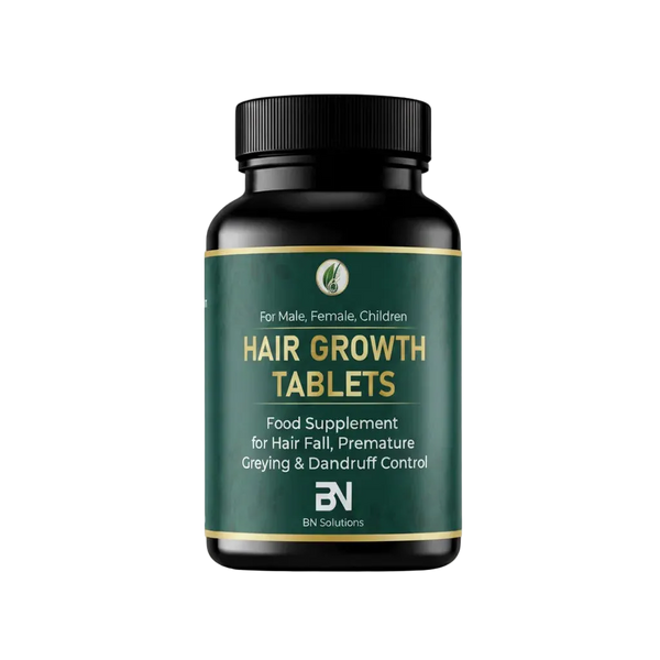 Hair growth tablets bottle with green label on a white background