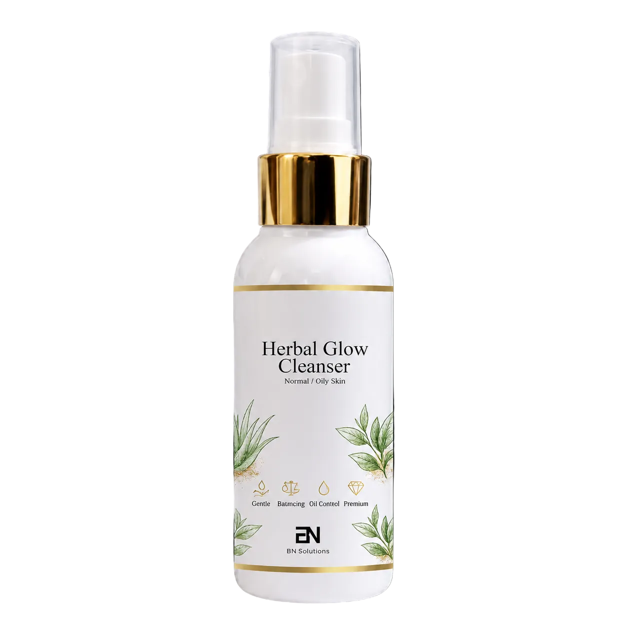 Herbal Glow Cleanser bottle with gold cap on a white background