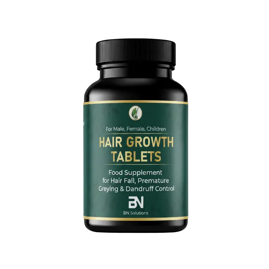 Hair growth tablets bottle with green label on a white background