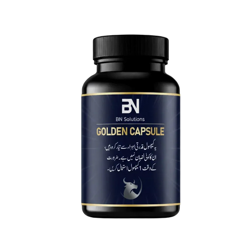 Black bottle of BN Solutions Golden Capsule on a white background